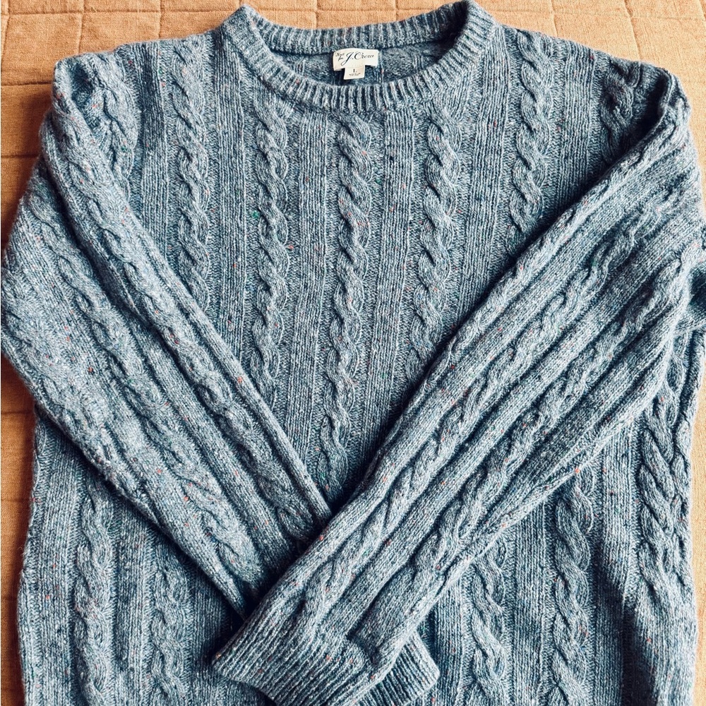 J. Crew Marled Baby Dusty Blue Cable Knit Wool Blend Long Sleeve Crew Sweater